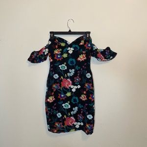 Black embroidered floral mesh dress